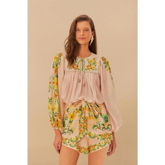 Farm Rio Pink Botanical Beauty Lenzing Ecovero Euroflax Shorts Size L Green - Picture 1 of 4